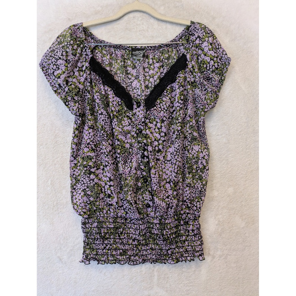 Thanx Collection Floral Peplum Blouse Women's L Purple Sheer Lace Smocked Y2K